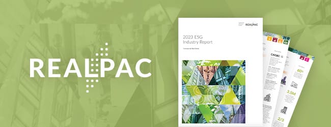 REALPAC logo at left with thumbnail of cover of their 2023 report on ESG and the state of the industry at right.